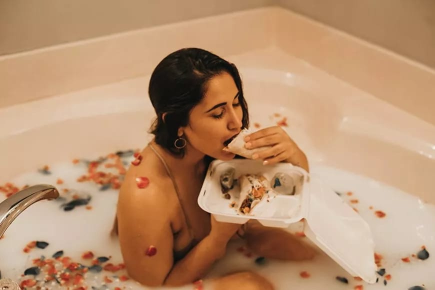 Milk Bath Photoshoot With eating food