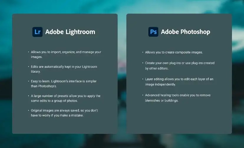 comparison between Lightroom and Photoshop